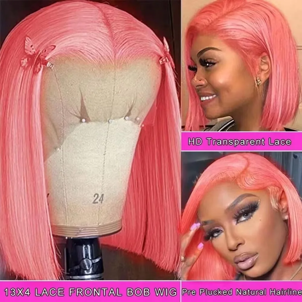 Pre Parted 13X4 Lace Front Bob Wig - باروكة شعر طبيعي وردية اللون، طولها