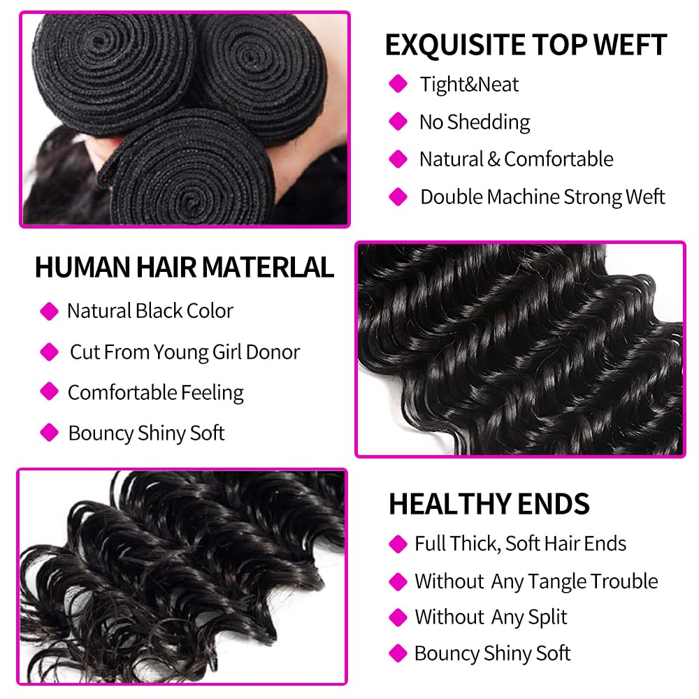 حزمة شعر بشري برازيلي بكر 100% - مراجعة Deep Wave 3 Bundles With Closure وسعره